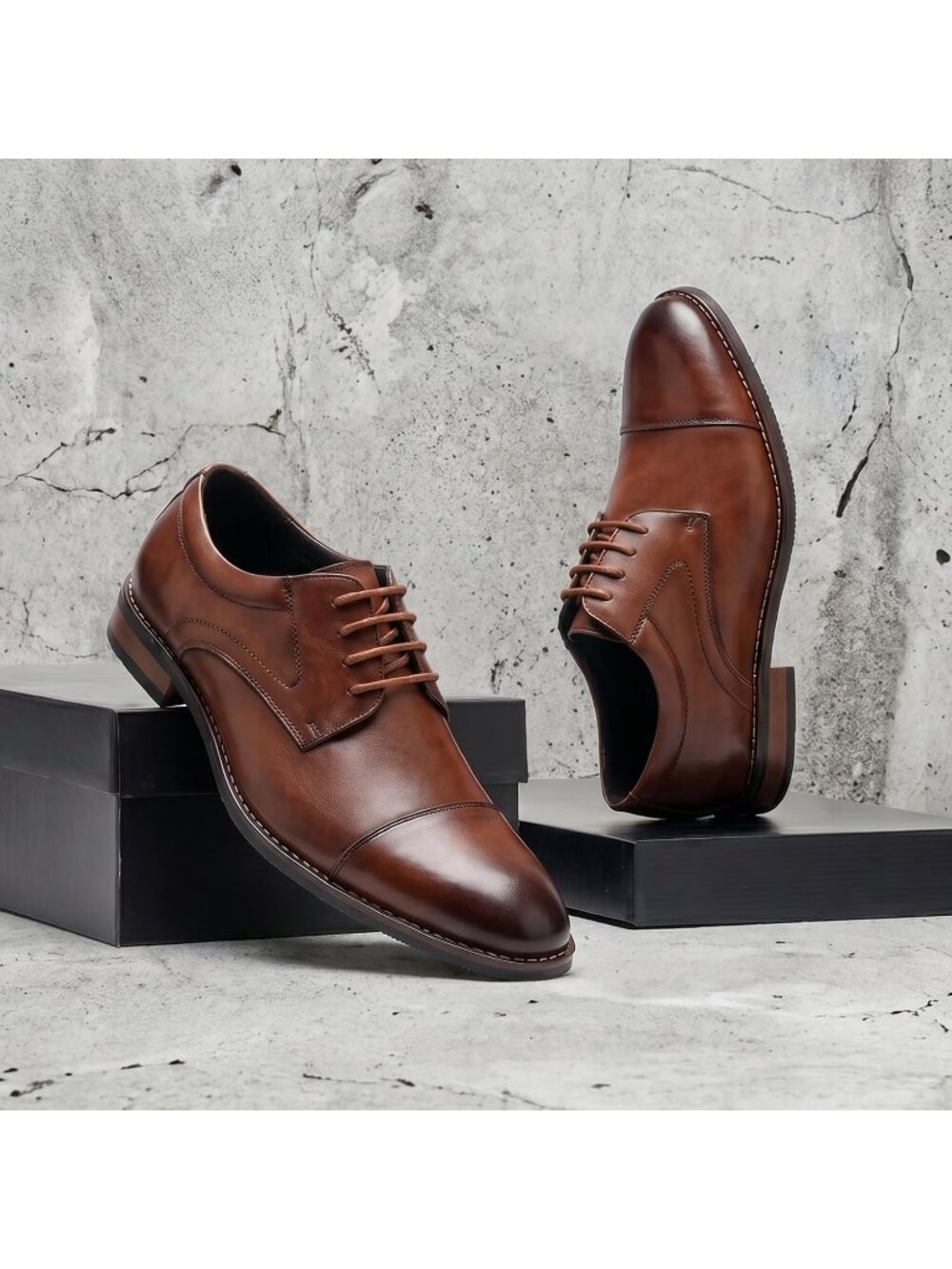 Men's Brown Polished Leather Rounded Toe Formal Business Derby Oxfords Shoes